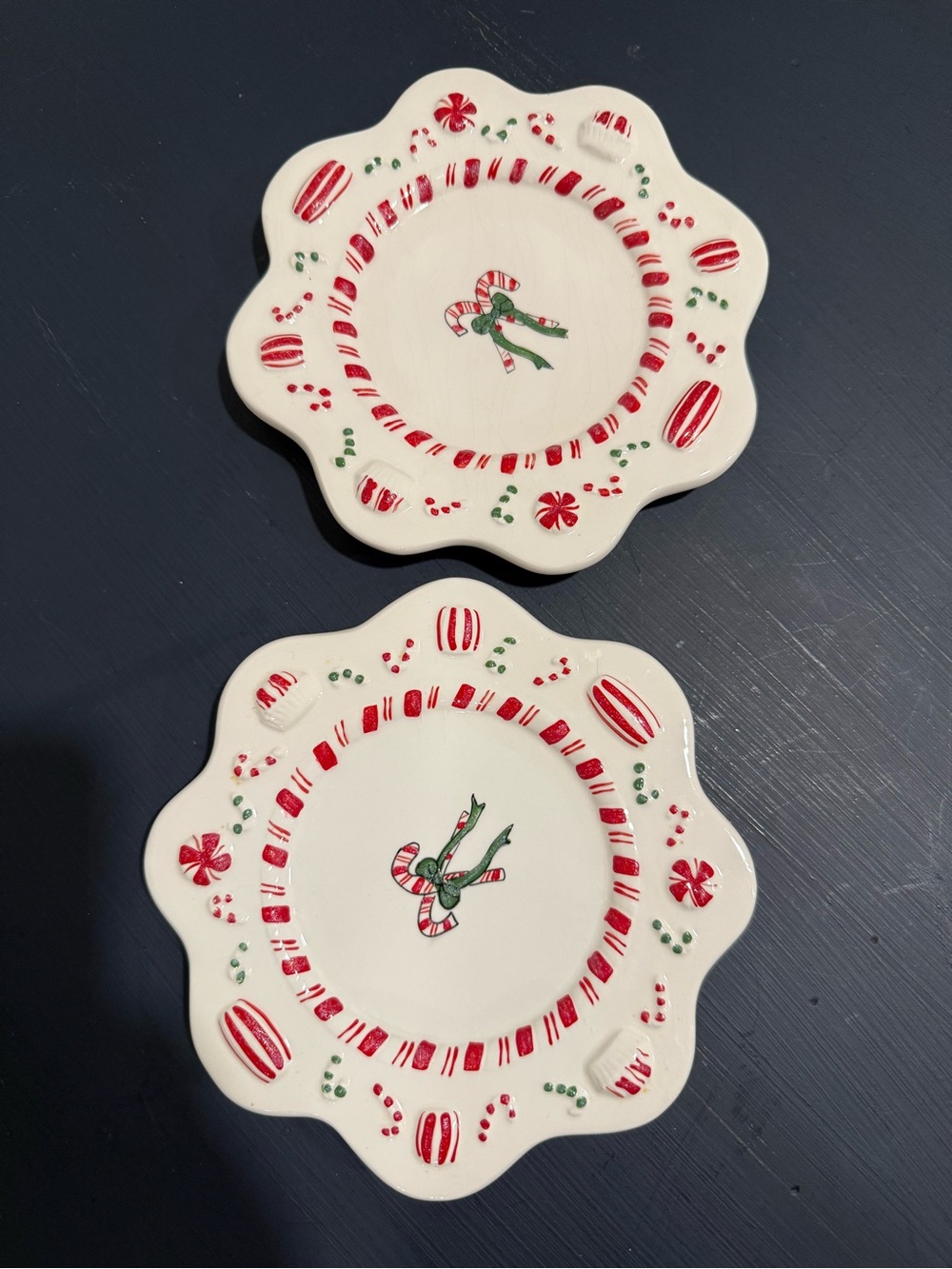 Vintage White Barn Candle Co Christmas Peppermint Candy Cane Candle Plates Pair